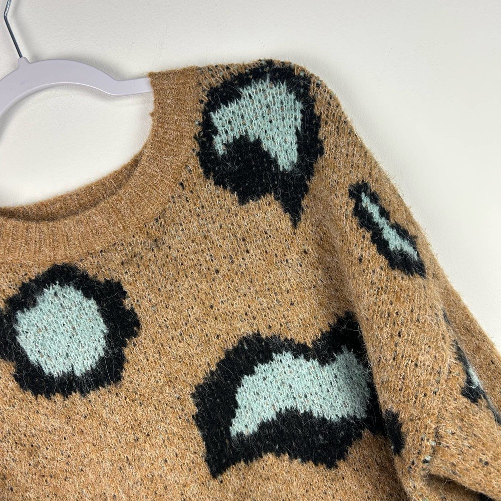 Molly Bracken Chunky Tan Mint Blue Leopard Print Sweater Size XS/S - Picture 4 of 6